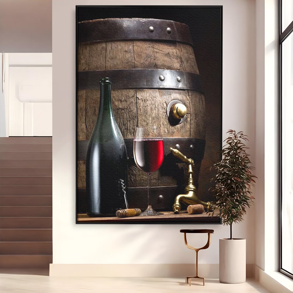 Tablou canvas cu tablou canvas cu butoi si vin, in rama de aluminiu negru